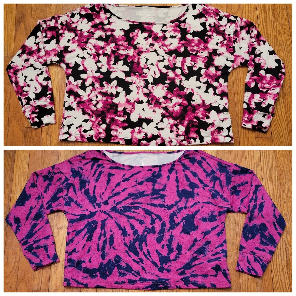 LuLaRoe L Rise Top Pink Black Floral Abstract Off Shoulder Long Sleeve Balance
